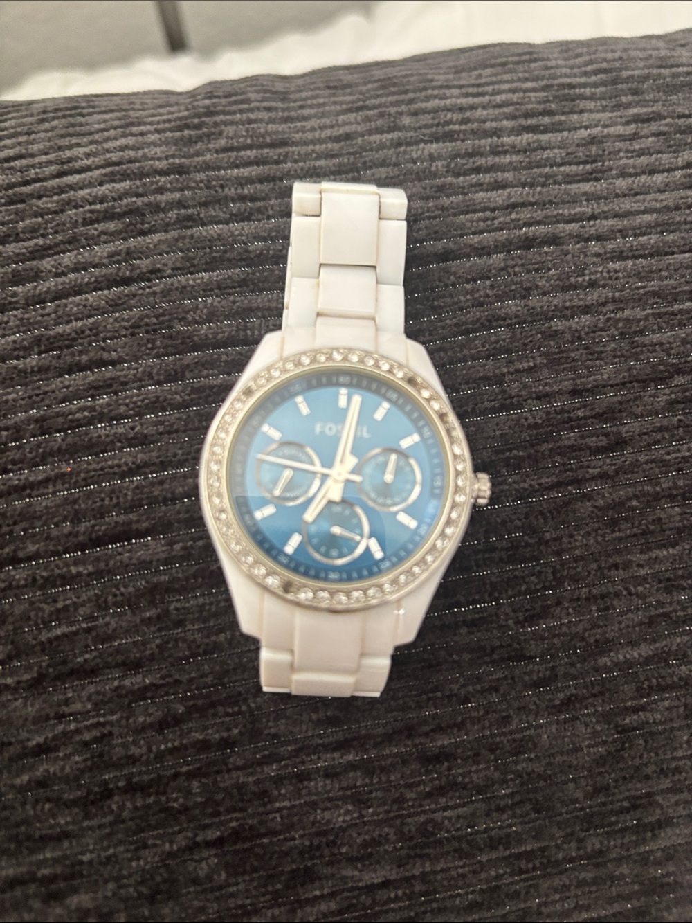 Fossil White Ceramic Watch with Blue Dial and Crystal Bezel